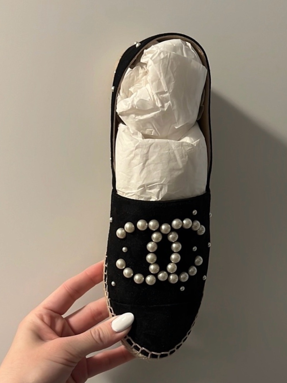 Brand new never worn Chanel Black Espadrilles with Pearl Detailing